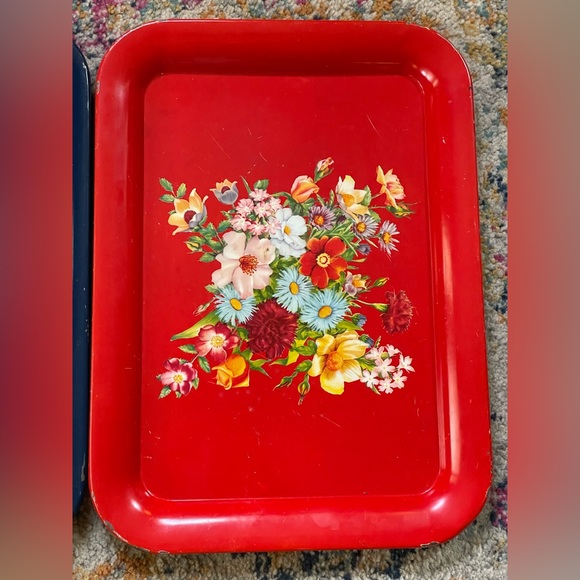 Vintage Lot Of 3 Tin Metal Floral Decorated Serving Trays Retro Kitchen - Picture 4 of 5